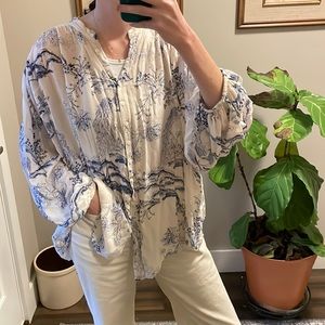 Free People peacock chinoiserie oversized button down blouse